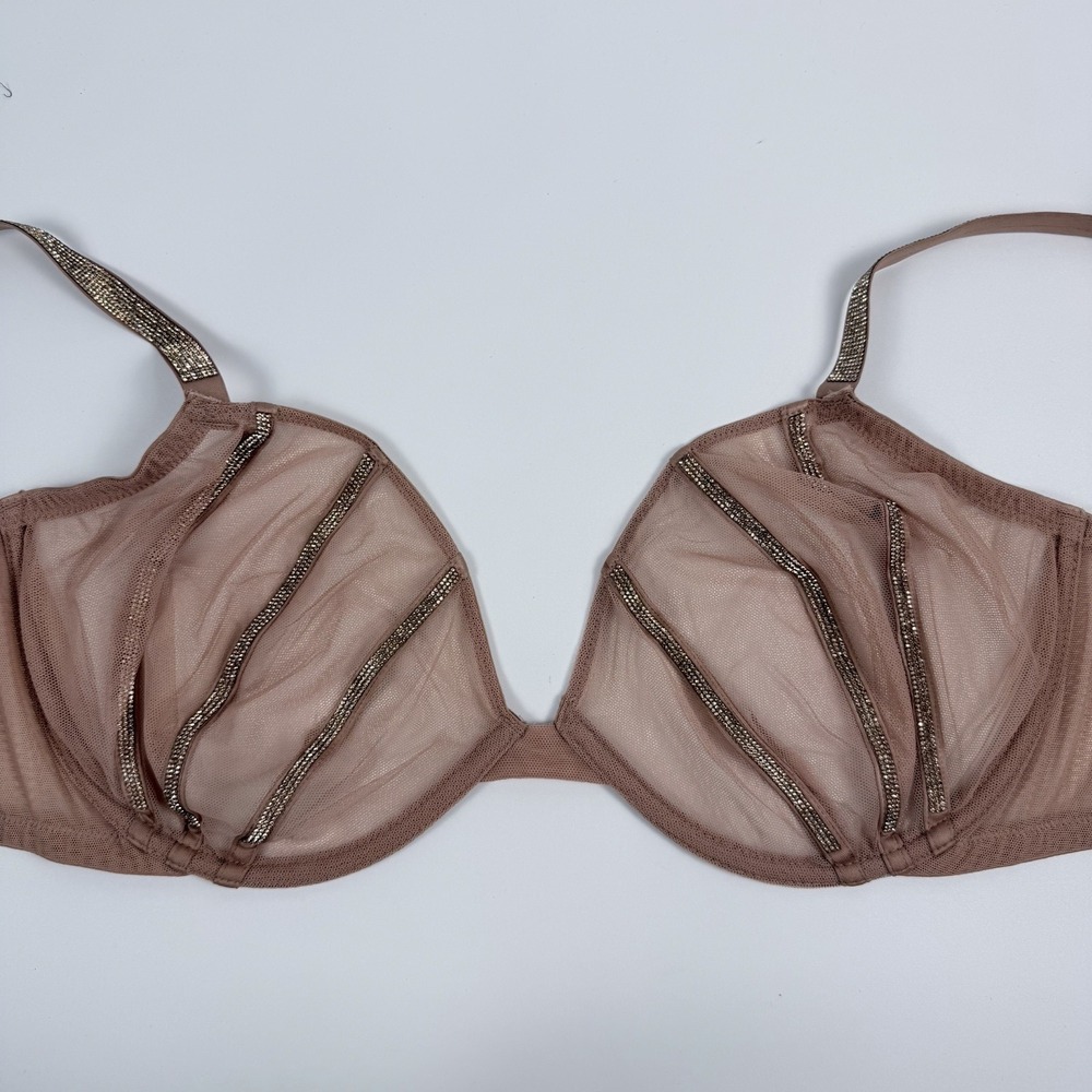 Victoria's Secret Very Sexy Sheer Shine Unlined Low Cut Demi Bra Tan Mesh 36D